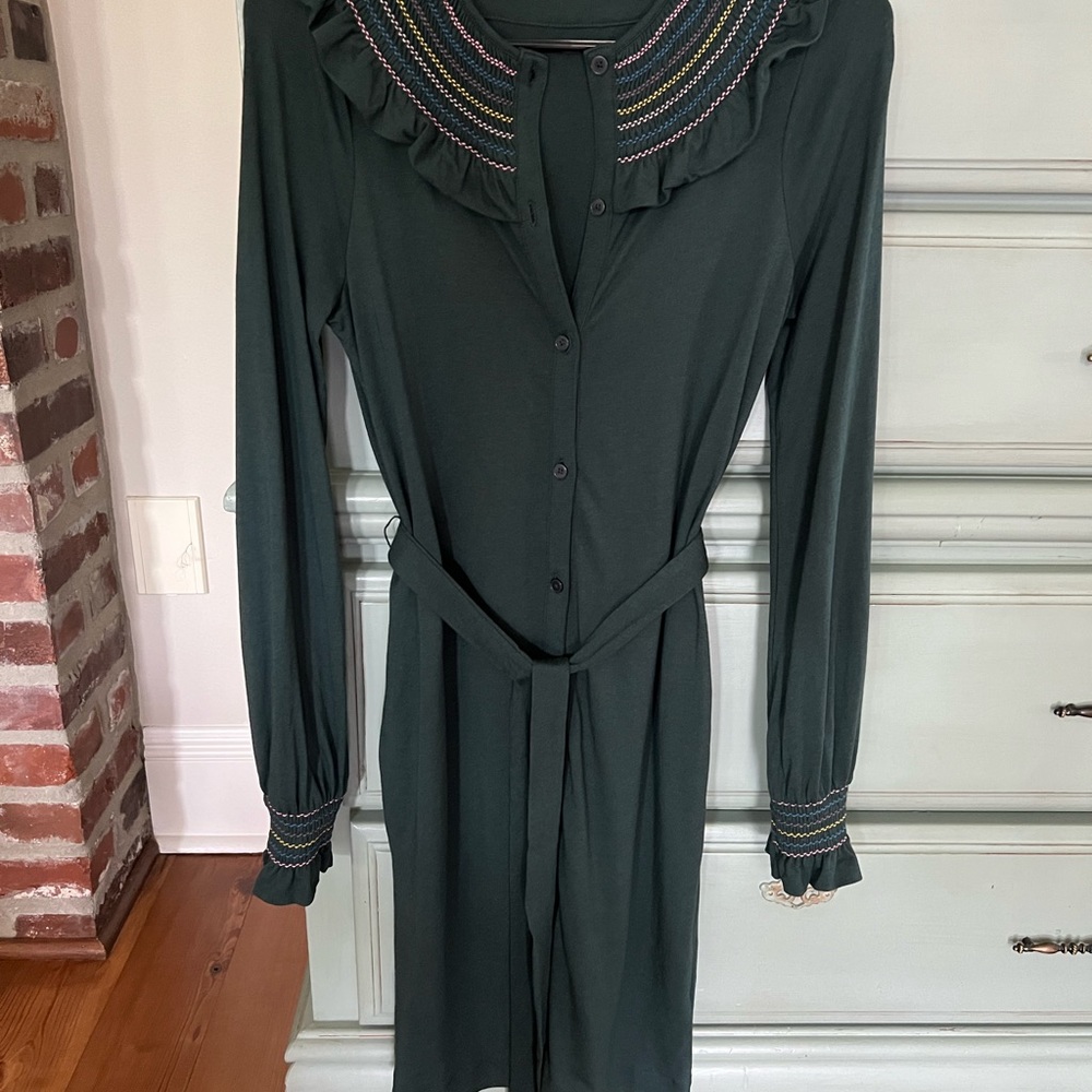 Boden Smocked Detail Jersey Dress Midnight Garden green new EUC size 4 - Picture 5 of 5